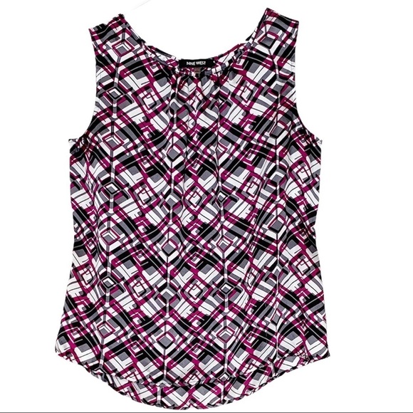 NINE WEST Blouse Wine Black White Sleeveless Geometric design Size Large - Picture 7 of 7